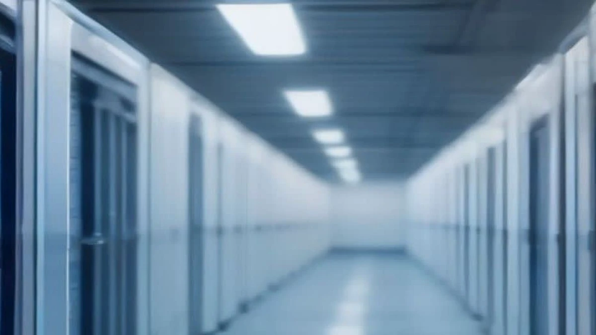 Data centre aisle with white server racks and small blue indicator lights