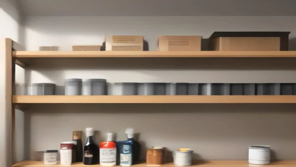 medium shot of a bright showroom shelf with packaged products arranged in neat rows, overcast diffused light, used as the opening image
